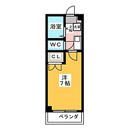 フォンティーンブルー旭 2階1Kの間取り