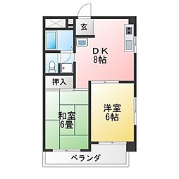 クイーンズタウン愛豊 2DKの間取図画像