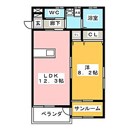 コミーテ須賀2A 1LDKの間取図画像
