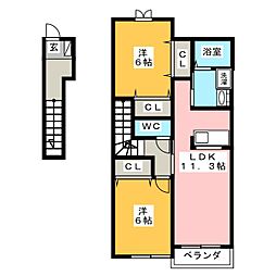 Ｃiel Bleu　Ｃ 2階2LDKの間取り