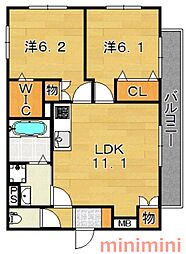 カーサフェリーチェ日の出 2LDKの間取図画像