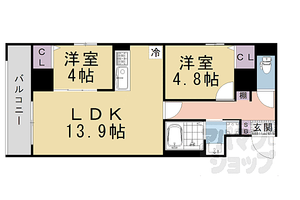 京都府京都市下京区醒ケ井通六条上る佐女牛井町(賃貸マンション2LDK・5階・55.50㎡)の写真 その2