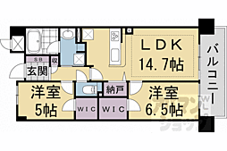 京都地下鉄東西線 西大路御池駅 徒歩2分の賃貸マンション 5階2LDKの間取り