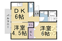アーバンハイツ嵯峨野B棟 2DKの間取図画像