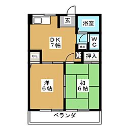 コーポ稚児の宮II 2階2DKの間取り