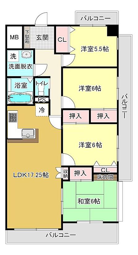 全居室収納つきですべてのお部屋がバルコニーに面した明るく使い勝手の良い間取り