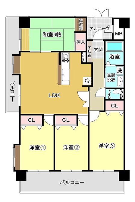 2面バルコニーで明るいお部屋が多い間取りです