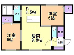 グランメール平和通北B 2LDKの間取図画像