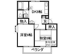 ユニティー小林 2DKの間取図画像