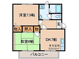 ヴィラフルール西棟 2DKの間取図画像