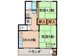 UR都市機構小栗栖北団地13号棟 2DKの間取図画像