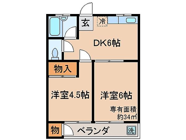 京都府京都市山科区大宅五反畑町(賃貸マンション2DK・3階・34.00㎡)の写真 その2