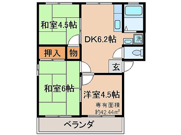 京都府城陽市富野北垣内(賃貸アパート3DK・1階・42.44㎡)の写真 その2