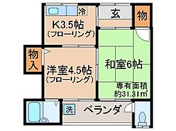 新開ハウス3棟 2Kの間取図画像