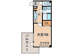 京都地下鉄東西線 椥辻駅 徒歩7分の賃貸マンション 2階1Kの間取り