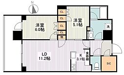 JR中央線 武蔵小金井駅 徒歩2分の賃貸マンション 9階2LDKの間取り
