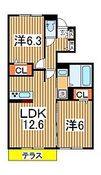 プリムヴェール 2LDKの間取図画像