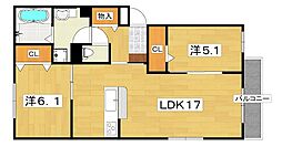 クレール東田宮 2LDKの間取図画像