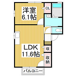 ヴィルヌーヴ清水C 1LDKの間取図画像