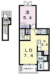 ルミエールII 2階1LDKの間取り