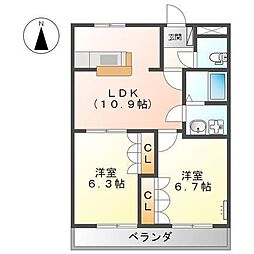 メルベールメゾン2 2LDKの間取図画像