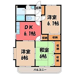JR東北本線 小山駅 バス9分 西城南3丁目下車 徒歩8分の賃貸マンション 3階3DKの間取り