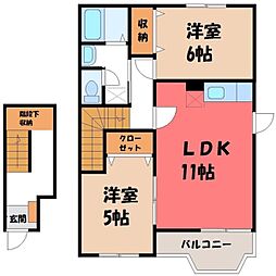 JR水戸線 川島駅 徒歩16分の賃貸アパート 2階2LDKの間取り