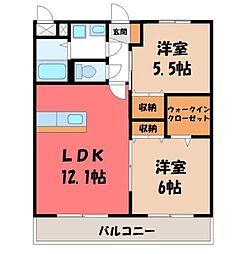 JR東北本線 小山駅 徒歩10分の賃貸マンション 1階2LDKの間取り
