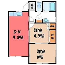 東武日光線 新大平下駅 徒歩21分の賃貸アパート 1階2DKの間取り