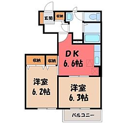 真岡鐵道 下館二高前駅 徒歩6分の賃貸アパート 1階2DKの間取り