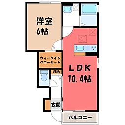 真岡鐵道 下館二高前駅 徒歩17分の賃貸アパート 1階1LDKの間取り