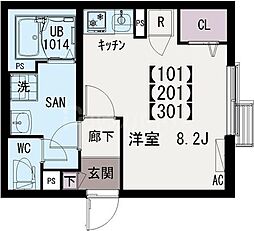 イクシオ六月 3階ワンルームの間取り