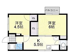 加茂アパート 2階2Kの間取り