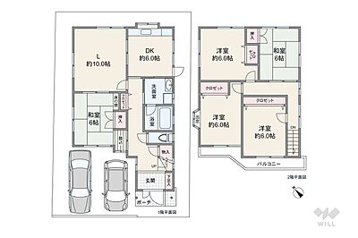 間取り：間取りは延床面積113.19平米の5LDK。L・DK・和室がすべて続き間で、生活シーンに応じてつなげたり、区切ったりできる造りです。2階は全室6帖の広さを確保し、収納付き。