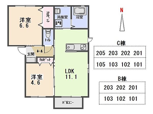 ヴィラ・プロスパー　B 101｜群馬県太田市藤阿久町(賃貸アパート2LDK・1階・49.25㎡)の写真 その2