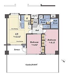 プレール・ロヴェ美しが丘 2LDKの間取図画像