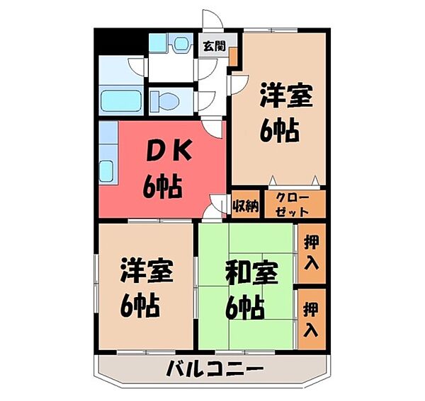 栃木県宇都宮市簗瀬町(賃貸マンション3DK・1階・60.61㎡)の写真 その2