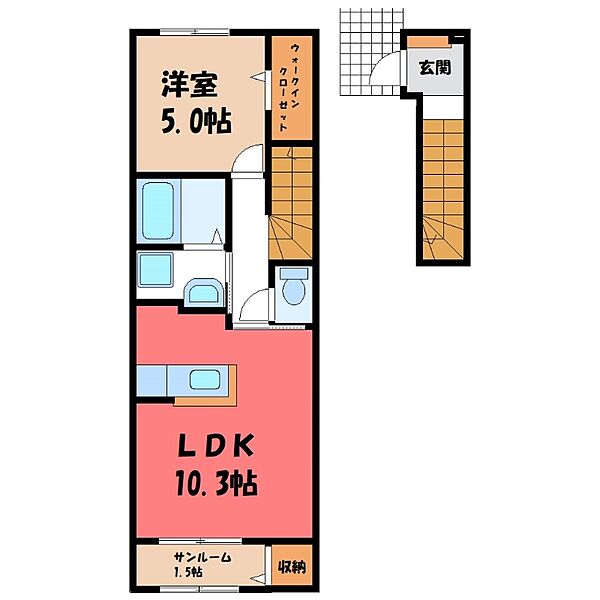 栃木県宇都宮市下岡本町(賃貸アパート1LDK・2階・44.32㎡)の写真 その2