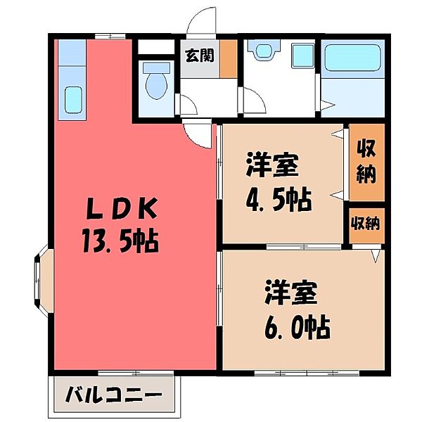 栃木県小山市大字横倉新田(賃貸アパート2LDK・1階・52.99㎡)の写真 その2