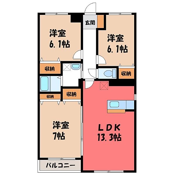 栃木県小山市駅東通り3丁目(賃貸マンション3LDK・3階・72.14㎡)の写真 その2