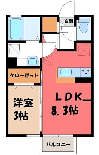 栃木県栃木市大宮町(賃貸アパート1LDK・2階・29.25㎡)の写真 その2