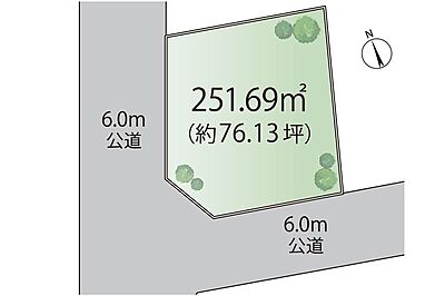 区画図：区画図／公道6ｍに面した角地です。建築条件はありませんので、お好きなハウスメーカーで建築いただけます。敷地面積76坪超のゆとりある広さで、理想の住まいを実現できます。