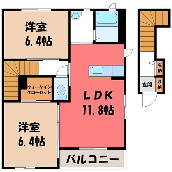 イーストガーデン E ｜栃木県下野市川中子(賃貸アパート2LDK・2階・61.63㎡)の写真 その2