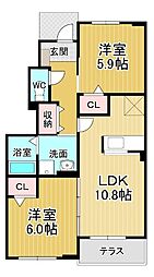 サンヴィラージュB 1階2LDKの間取り