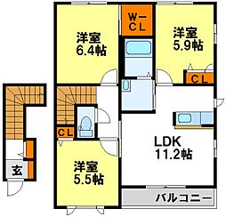 ビューコートM B 2階3LDKの間取り