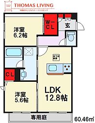 ヴィラ観世II 1階2LDKの間取り