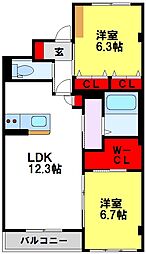 カーサ・グラン朝倉街道 2LDKの間取図画像