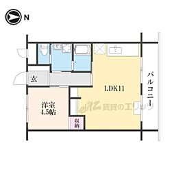 山科市営住宅1棟東館 1LDKの間取図画像