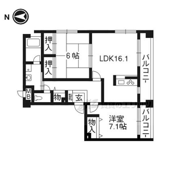 ビラ妙松館 102｜京都府京都市左京区松ケ崎芝本町(賃貸マンション2LDK・1階・70.32㎡)の写真 その2