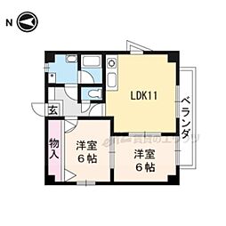 京都市営烏丸線 北大路駅 徒歩18分の賃貸マンション 2階2LDKの間取り